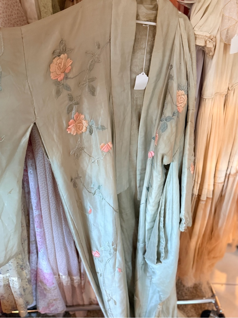 Embroidered Light Green Women's Duster Coat with Pink Floral Accents